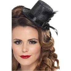 20's Headgear Smiffys Mini Top Hat with Ribbon and Feather Black