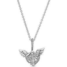 Pandora Pavé Heart & Angel Wings Necklace - Silver/Transparent