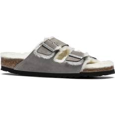 Birkenstock Silver - Women Slippers & Sandals Birkenstock Arizona Shearling Suede Leather - Stone Coin