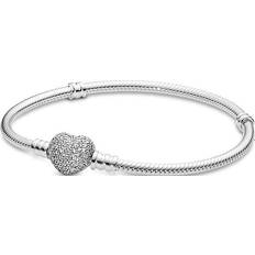 Signet Rings Jewellery Pandora Moments Sparkling Heart Clasp Snake Chain Bracelet - Silver/Transparent