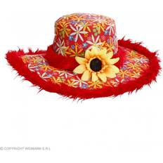 60's Hats Fancy Dress Widmann Ibiza with Plush Trim & Sunflower Red Hippie Hat