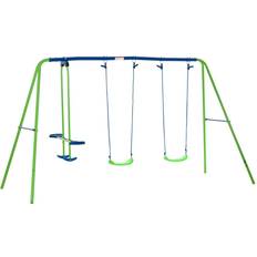Swings Playground OutSunny Metal 2 Swings & Seesaw Set Height Adjustable Outdoor Play Set