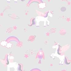 Unicorn Kids Unicorns Rockets and Rainbows Wallpaper Grey 90960 Holden Decor