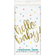 Unique Party 73523 "Hello Baby" Gold Baby Shower Plastic Tablecloth, 7ft x 4.5ft