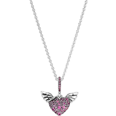 Pandora Pavé Heart & Angel Wings Necklace - Silver/Pink