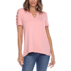 White Mark Keyhole Neck Cutout Short Sleeve Top - Pink