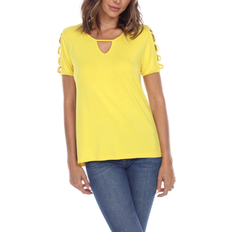 White Mark Keyhole Neck Cutout Short Sleeve Top - Yellow