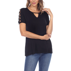 White Mark Keyhole Neck Cutout Short Sleeve Top - Black