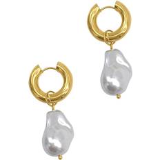 Adornia Shell Pearl Chubby Hoop Earrings - Gold/White