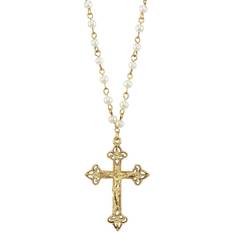 Simulated Chain Crucifix Cross Pendant Necklace - Gold/White