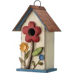 GlitzHome Distressed Solid Wood Birdhouse with 3D Flowers 10.25"