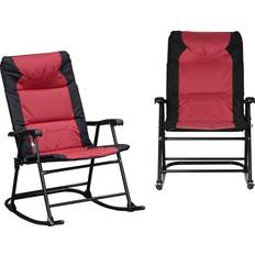 OutSunny Red Steel 2 Piece Folding Rocking Chair Set with Armrests, Padded Seat and Backrest