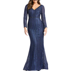Mac Duggal Embroidered Long Sleeve V Neck Trumpet Gown - Midnight