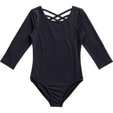 Black Bathing Suits Rainbeau Moves Girl's Criss-Cross Strap 3/4 Sleeve Leotard - Black (RB6829G)