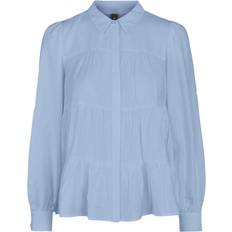 Y.A.S Women's stand-up collar shirt with ruffles, Blue