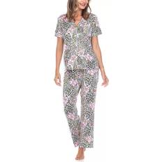 White Mark Short Sleeve Pants Tropical 2-Piece Pajama Set - Leopard