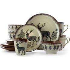 Elama Majestic Elk 16 Piece Round Stoneware Dinnerware Set in Taupe Dinner Set
