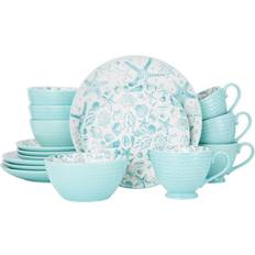 Pfaltzgraff Venice 16-Piece Stoneware Dinnerware Set, Service for 4, Aqua/White Dinner Set 16pcs