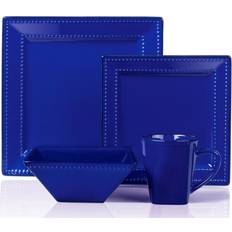 Lorren Home Trends LH502 16 Piece Square Beaded Stoneware Dinnerware Set, Blue Dinner Set