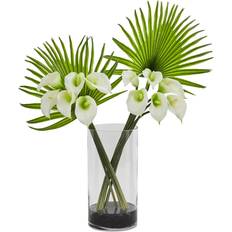 Beige Artificial Plants Nearly Natural Calla Lily and Fan Palm Artificial Arrangement in Cylinder Glass Artificial Plant