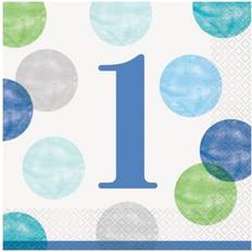 Unique Party 73302 Blue Polka Dots 1st Birthday Luncheon Napkins 16 Pcs