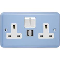 Varilight XY5U2SW.DB Lily Pastel Duck Egg Blue 2 Gang Double 13A Switched Plug Socket 2.1A USB