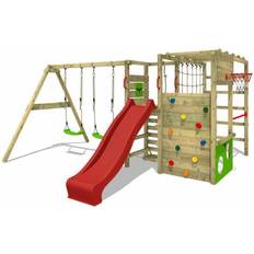 Fatmoose Swing Sets Playground Fatmoose Wooden climbing frame ActionArena with swing set and red slide, Garden playhouse with climbing wall & play-accessories