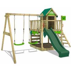 Fatmoose Swing Sets Playground Fatmoose Wooden climbing frame JazzyJungle with swing set and green slide, Playhouse on stilts for kids with sandpit, climbing ladder & play-accessories