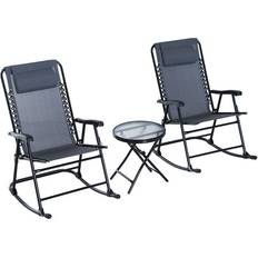 OutSunny 3 Pcs Outdoor Conversation Set w/ Rocking Chairs and Side Table Grey