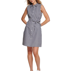 Checkered - Shirt Collar Dresses Tommy Hilfiger Women's Gingham-Print Belted Woven Dress - Sky Captain/Bright White