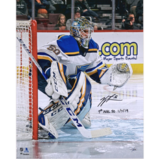 Fanatics St. Louis Blues Jordan Binnington Autographed Photograph with 1st NHL SO 1/7/19 Inscription