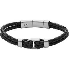 Fossil Men's Woven Leather Bracelet, Black/Silver