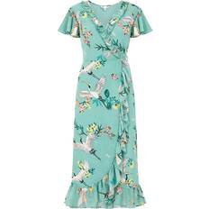 Florals - V-Neck Dresses Yumi Frill Crane Wrap Midi Dress - Blue