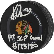 Fanatics Chicago Blackhawks Kirby Dach Autographed 2021 Model Official Game Puck with 1st SCP Goal 8/13/20 Inscription