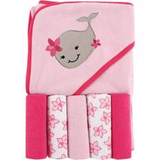 Luvable Friends Girl Whale Hooded Towel with Washcloths Set 6 piece