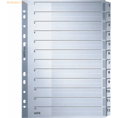 Leitz register til A4, forside og 12 skilleark, faner med påtrykte numre 1-12, perforeret kant og farvede faner, folieforstærket (Mylar) grå, pap, 43