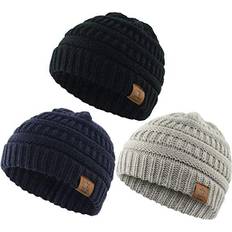 Infant Soft Warm Knitted Baby Hats Cute Cozy Chunky 3-pack- Black/Light Grey /Navy