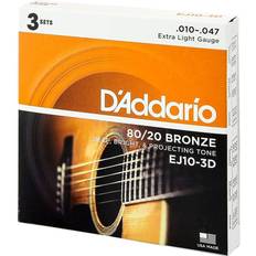 D'Addario EJ10-3D 80/20 Bronze Acoustic Guitar Strings, Extra Light, 10-47, 3 Sets