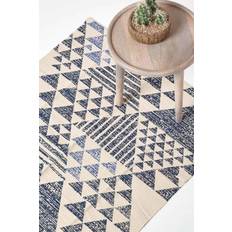 Homescapes Geometric Style 100% Cotton Printed Rug White, Black, Blue, Grey