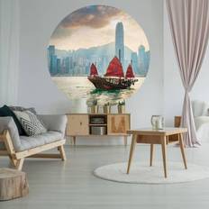 WallArt Wallpaper Circle Skyline with Junk Boat 142.5 cm