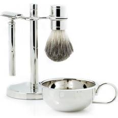 Bey-Berk International BB02 Safety Razor & Pure Badger Brush with Soap Dish on Chrome Stand, Silver