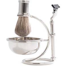 Bey-Berk International BB12 Mach3 Razor & Pure Badger Brush with Soap Dish on Chrome Stand, Silver