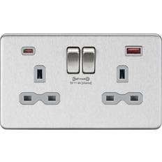 Grey Electrical Outlets Knightsbridge MLA 13A 2 Gang DP Socket With Dual USB Charger Brushed Chrome W/Grey Insert SFR9909BCG
