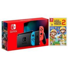 Nintendo joycon Nintendo 2019 New Switch Red/Blue Joy-Con Improved Battery Life Console Bundle with Super Mario Maker 2 NS Game Disc 2019 New Game!