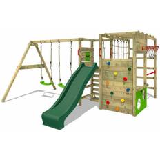 Fatmoose Swing Sets Playground Fatmoose Wooden climbing frame ActionArena with swing set and green slide, Garden playhouse with climbing wall & play-accessories