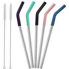 Senneny Set of 5 Stainless Steel Straws with Silicone Flex Tips Elbows Cover, 2 Cleaning Brushes and 1 Portable Bag Included (8mm diameter, Silver)