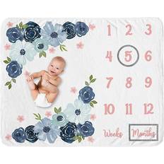 Sweet Jojo Designs Watercolor Floral Navy Blue And Pink Milestone Baby Blanket