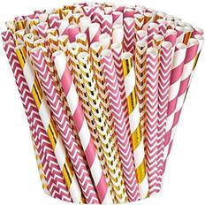 [200 Pack] Pink & Rose Gold Paper Drinking Straws 100% Biodegradable Multi-Pattern Party Straws