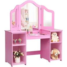 Pink Dressing Table Costway Girl's Vanity Table Set Makeup Dressing Study Table Tri Folding Mirror