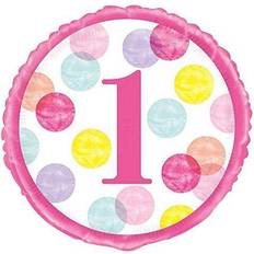 Unique Party 73297 18" Foil Pink Dots 1st Birthday Balloon